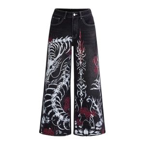 Custom Gothic <b>Dragon</b> Print Wide Leg Pants Women Black High Waist Full Length Loose Fit Digital Printed Floral Pattern Streetwear - Product Image 1