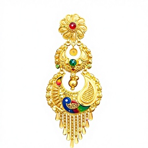 Pendientes Jhumka de Lujo en Oro Sólido de 22K con Diseño de Pavo Real Meenakari, Joyería Nupcial India Tradicional, Chandbali de Oro Hecho a Mano - Product Image 1