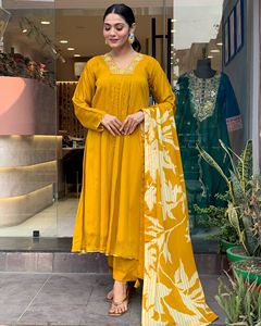 Latest Women's Mustard Chinon Silk Embroidery Kurti with Viscose Chanderi <b>Pant</b> With Chinon <b>Lineing</b> Dupatta Sets - Product Image 1