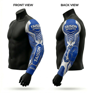 Mens American Football <b>Arm</b> <b>Sleeve</b> 220 GSM Polyester Spandex <b>Compression</b> Fabric Red Black Panel Design Sublimation Custom Logo - Product Image 2