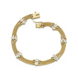 Bracelet chaîne à maillons gourmette à 3 rangs, diamants de laboratoire multi-tailles (rond, poire, marquise) sertis à griffes, or 14K, 6,5 pouces, style vintage - Product Image 1
