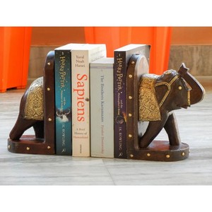 Premium Teak Wood Elephant Carved <b>Bookends</b> with Brass Inlay - Wholesale - Product Image 2