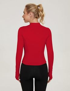 Women's Red Full Sleeve <b>Zipper</b> Turtleneck <b>Top</b> Breathable Spandex Polyester Solid Color Sportswear All Seasons Skinny Fit Pockets - Product Image 5