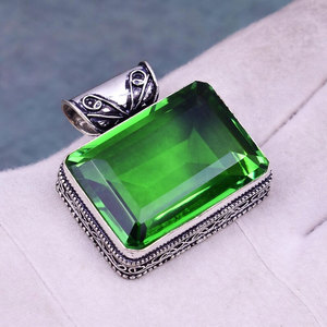Handcrafted Gold Plated 925 Sterling Silver Emerald Gemstone Large Rectangular Emerald Cut Statement <b>Necklace</b> Wholesale Jewelry - Product Image 2