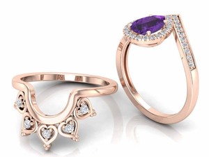 Bague Toi et Moi en Améthyste Forme Poire, Plaqué Or Rose, Motif Floral Feuille de Vigne, Vente en Gros, Ensemble de Bagues de Mariage en Améthyste Taillée Poire, Bijoux Fins - Product Image 3