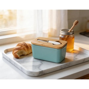 Modern Style Butter Dish With Wooden Lid Ceramic Handle Knife Elegant Butter <b>Storage</b> <b>Box</b> For Kitchen Dining Use From India - Product Image 6