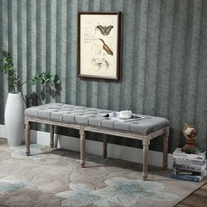 Panca Ottomana Imbottita in Tessuto Grigio con Design Trapuntato per Soggiorno, Camera da Letto, Corridoio, con Gambe in Legno di Gomma per Casa e Ufficio - Product Image 2