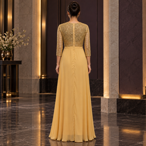 Golden Mesh Bodice Evening Dress O Neck Three Quarter Sleeves A-Line Formal | Golden <b>Floor</b> <b>Length</b> Embellished Formal Party <b>Gown</b> - Product Image 4