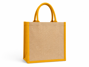 Sac de courses en jute AMANI avec poignée longue, bordure jaune, option logo personnalisé, taille moyenne, pour les courses et les cadeaux - Product Image 1