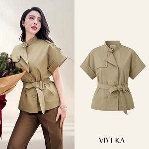 Manteau trench kaki à manches courtes pour femme, col mandarin, ceinture, style minimaliste, veste d'extérieur printemps ETHAN - Product Image 1