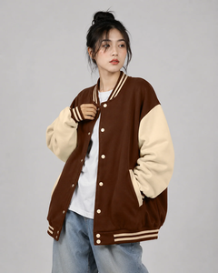 Veste universitaire unisexe en PU beige et marron avec lettre A sur le devant, fermeture à boutons, style preppy, coupe classique, pour l'automne - Product Image 5