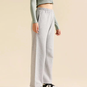 Pantalon de survêtement gris pour femme, coupe large, taille élastique, taille haute, décontracté, ample, longueur intégrale, couleur unie, en coton tricoté, automne - Product Image 4