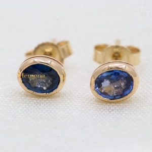 Wholesale 14k Yellow Gold Natural Oval <b>Blue</b> <b>Sapphire</b> Bezel Stud <b>Earrings</b> Memoria Jewels - Product Image 1