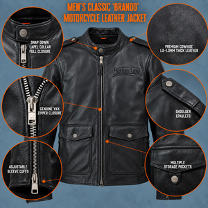 Chaqueta de Cuero para Motocicleta con Logotipo Clásico para Hombre, Piel de Vacuno Premium, Cierre de Cremallera, Puños Ajustables, Múltiples Bolsillos - Product Image 1