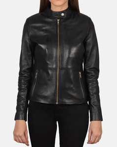 Custom Made Women Genuine Leather Motorcycle Jacket Full Sleeve Stand Collar <b>Zipper</b> Closure Solid Color Street Style Autumn Wear - Product Image 2