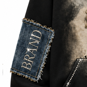 Sweat-shirt à capuche personnalisé avec motif ange en strass pour homme, en coton épais, avec patch sur les manches en denim, effet délavé vintage, coupe oversize, noir, style streetwear Y2K - Product Image 4