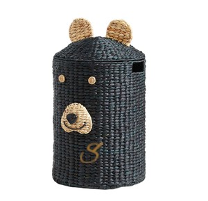 <b>Cute</b> <b>Bear</b> Water Hyacinth Storage Basket with Lid Handwoven Wicker Toy Bin for Boho Woodland Nursery Decor - Product Image 1