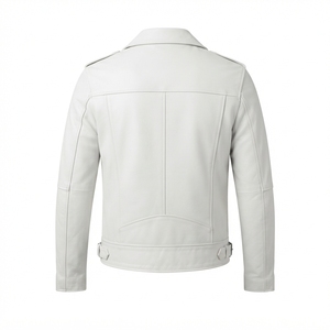 Chaqueta de Moto de Cuero PU Blanca para Hombre, Corte Ajustado, Cuello Camisero, Cierre de Cremallera, Manga Regular, Estilo Otoñal - Product Image 2