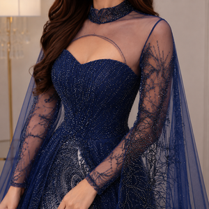 Vestido de Noche Azul Marino de Satén con Bordado y Cuentas, Estilo Sirena, con Mangas Transparentes, Elegante, Largo hasta el Suelo, para Fiesta Formal o Baile de Graduación - Product Image 4