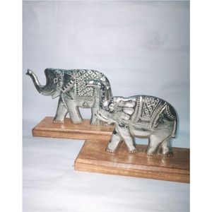 Figurines d'éléphants en métal plaqué argent faites à la main sur socle en bois, sculpture animale décorative, vente en gros, luxe, maison, bureau, table - Product Image 1