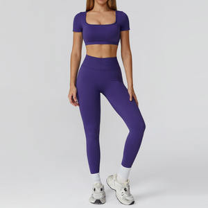 Ensemble de vêtements de sport pour femmes, uni, longueur cheville, taille haute, sans couture, respirant, extensible, avec taille élastique, pour le yoga et la gym, vente en gros - Product Image 5