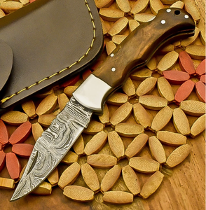 Couteau de poche pliant artisanal en acier Damas de qualité industrielle, manche en bois, étui en cuir, support OEM/ODM - 10 lames, garantie 3 ans - Product Image 5