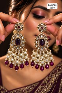 Boucles d'oreilles pendantes Kundan en imitation perle, plaquées or, motif floral, bijoux tendance pour femme, pour fêtes et mariages - Product Image 6