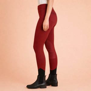 Leggings de equitación para mujer – Rojo vino |   Leggings de equitación de cintura alta con parche en la rodilla - Product Image 2