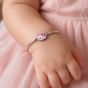 925 Sterling Silver Pink Cat Enamel Kids <b>Bangle</b> Bracelet <b>Set</b> High Polish Cartoon Animal Design for Girls Daily Wear Party Gift J - Product Image 1