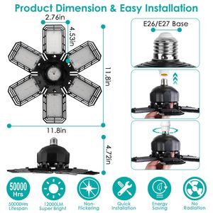 Luci LED da Soffitto per Garage 160W, 2 Pezzi, Deformabili E26/E27, 6 Pale di Illuminazione Regolabili, Apparecchi per Parcheggi - Product Image 6