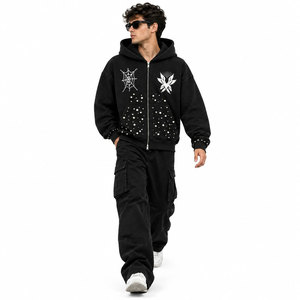 Sudadera con capucha gótica extragrande para hombre, negra con estampado blanco, último estilo, logotipo personalizado, con pedrería. - Product Image 5