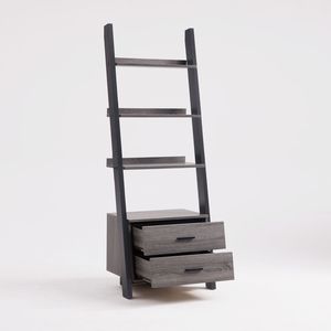 Distressed Grey and Black Two-Tone Color Metal <b>Ladder</b> <b>Bookcase</b> with Two Drawers and Bar Handles - Product Image 5