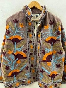<b>Women</b> Vintage Brown Velvet <b>Jacket</b> Hand Embroidered Floral Suzani Open Front Winter Coat Festive Partywear Cardigan Outerwear - Product Image 3