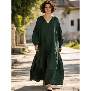 Robe longue décontractée élégante pour femme, couleur unie noire, style bohème, col en V profond, manches ballon, coupe ample - Product Image 4