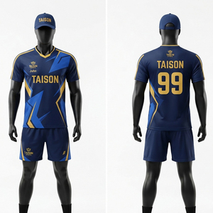 Uniforme de badminton pour hommes, polyester léger 150 GSM, séchage rapide, bleu marine, bleu doré, panneau géométrique, short en jersey, logo personnalisé - Product Image 1