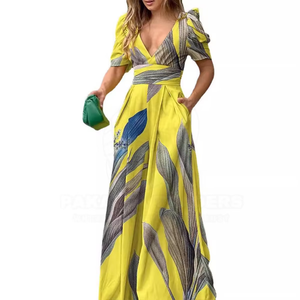 Vestido de Verano Ecológico para Mujer, Estampado, Cuello en V, Manga Corta, Cintura Ajustada, Largo hasta el Suelo - Product Image 5