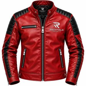 Blouson de moto pour homme en cuir véritable rouge respirant, col montant, fermeture éclair frontale, coupe-vent, style streetwear, idéal pour le printemps - Product Image 1