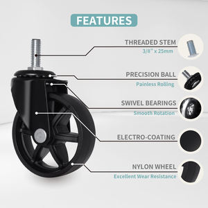 ล้อไนลอนขนาด3นิ้ว3/8 \ "เบรคก้านเกลียวแบริ่งลูกกลิ้ง50มม. แพ็ค4สำหรับบ้านสำนักงานห้องครัวซูเปอร์มาร์เก็ต - Product Image 5