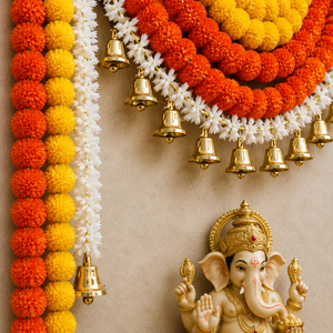 Campanas Doradas de Caléndula Naranja Amarilla, Ídolo de Ganesha, Fondo Decorativo Ecológico de Plástico Hecho a Mano para Puja y Decoración del Hogar - Product Image 3