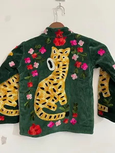 Handcrafted Green <b>Velvet</b> Tiger Embroidery <b>Jacket</b> Traditional Floral Bohemian Outerwear Full Sleeve Autumn <b>Jacket</b> - Product Image 4