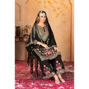 Conjunto de traje de fiesta para mujer de diseñador con trabajo manual de espejo real-Top Plazzo y Dupatta - Product Image 5