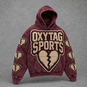 Sudadera con Capucha Premium Personalizada con Lavado Ácido, Estilo Urbano para Hombre, Vintage, Desgastada, con Parche de Chenilla de Corazón Roto - Product Image 3