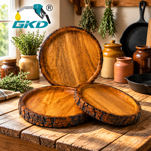 Ensemble de plateaux de service en bois de manguier CKD Wabi-Sabi, 3 plateaux faits à la main avec bord en écorce, design chinois traditionnel, décoration pour la maison et les fêtes - Product Image 5