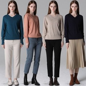 เสื้อถักโมดอลแขนยาวคอวีของผู้หญิงผ้าคอตตอนแขนยาวคอวีใส่สบายและมีสไตล์ - Product Image 1