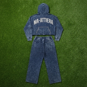 Custom <b>Women</b> Acid Wash <b>Navy</b> Blue Cropped Hoodie Jogger Set Cotton Fleece Streetwear Tracksuit OEM Wholesale - Product Image 6
