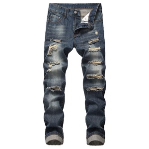 กางเกงยีนส์ผู้ชายผ้าเดนิมแบบตัดเข้ารูปปกติสไตล์สตรีทตัดลายซักได้ - Product Image 1