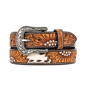 New Arrival Western Cowboy Leather <b>Belt</b> for Men Women Floral Tooled Brown <b>Belt</b> with Hair On Cowhide Rhinestone <b>Silver</b> <b>Buckle</b> - Product Image 1