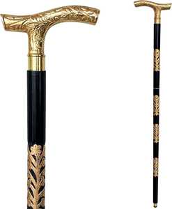 Canne de marche LIARA en laiton antique avec poignée en T gravée de motifs floraux, tige noire, canne vintage pour homme, pour usage intérieur et extérieur - Product Image 1
