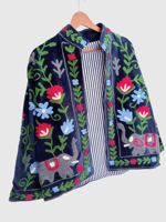 Veste en velours brodée à la main, motif floral éléphant, col rabattu, manches longues, grande taille, style Prairie Chic pour femme