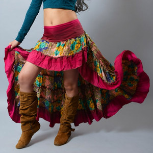 Summer Wear Silk Crepe Flare <b>Skirt</b> Premium Design High Low Mexican & Tribal Dance Costume-Boho Hippie Style <b>Skirt</b> - Product Image 1